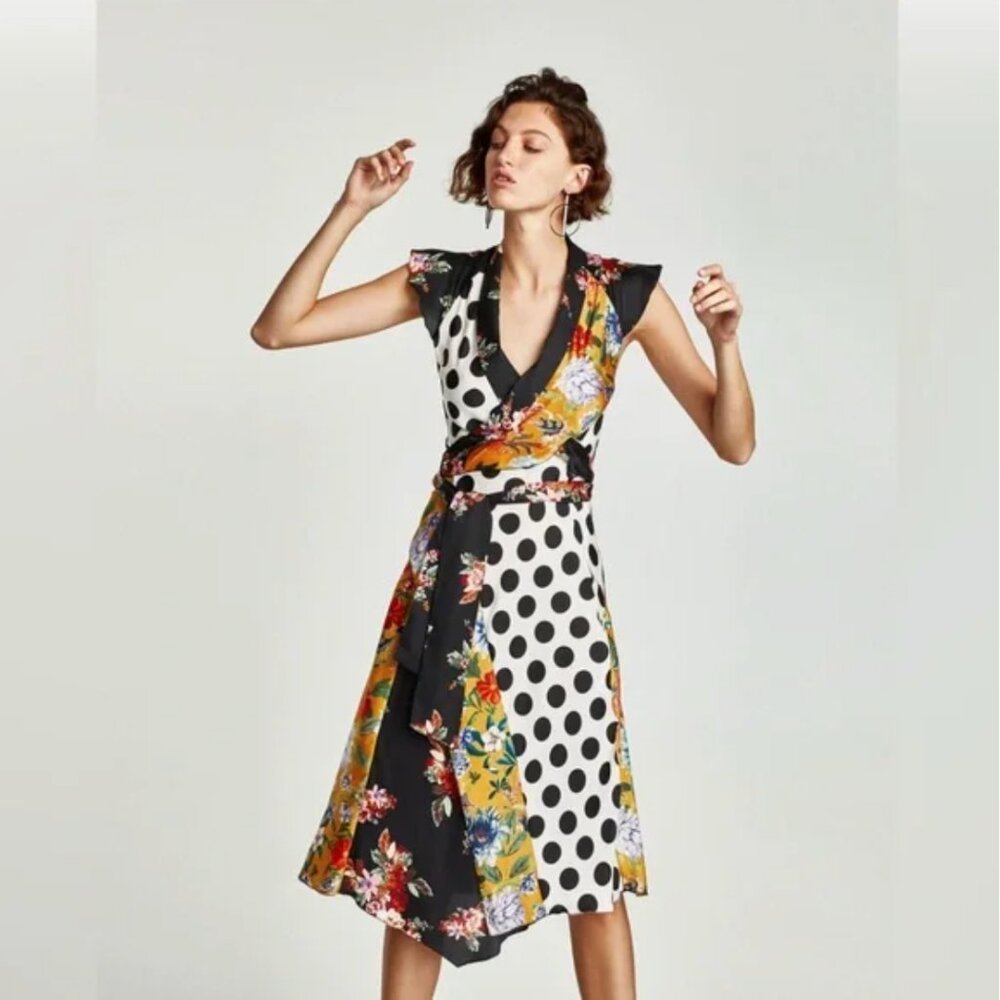 Zara floral and polka dot patchwork midi wrap dress, size S.